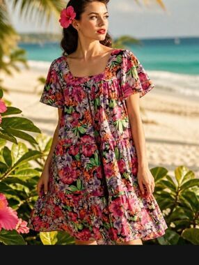 Floral Square-Neck Tiered Midi Dress in Pink